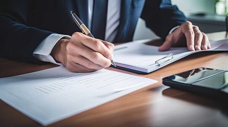 A homeowner and an insurance agent discussing a policy at a kitchen table filled with documents.